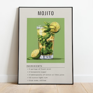 Mojito Cocktail Print | Green Minimalist Retro Digital Art | Bar Cart Decor | Digital Download PRINTABLE Wall Art