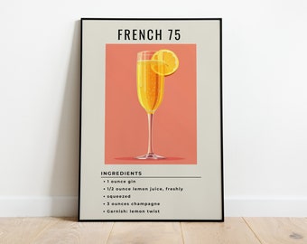 French 75 Cocktail Print | Minimalist Bar Cart Art (Digital Download)