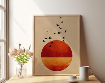 Mid Century Modern Sunset Print, Geometric Birds (Digital Download)