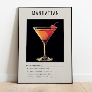 Manhattan Cocktail Print | Classic Cocktail Wall Art | Minimalist Alcohol Prints | Bar Cart Decor | Digital Download PRINTABLE Bar Cart Art