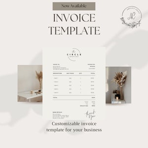 Pode incluir: Um modelo de fatura personalizável com um design minimalista. O modelo apresenta um esquema de cores preto e branco com um layout simples e limpo. O texto "The Circle Design Studio" é exibido no topo da fatura, juntamente com o número da fatura e a data. A fatura inclui seções para as informações do cliente, uma descrição dos itens comprados, o preço unitário, a quantidade e o valor total devido. A fatura também inclui uma seção para os detalhes bancários e uma mensagem de agradecimento.
