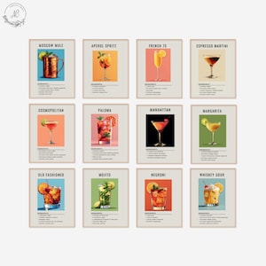 Set mit 12 Cocktail-Drucken | Klassische Cocktailwandkunst | Minimalistische Alkohol Drucke | Barwagen Dekor | Digitaler Download DRUCKBARE Barwagen Kunst