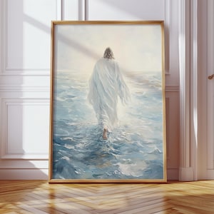 Jesus Christ Walking on Water, Christian Art, Digital Jesus Portrait, I Will Walk With Christ LDS, Jesus Oil Painting, Bible Verse Wall Art
