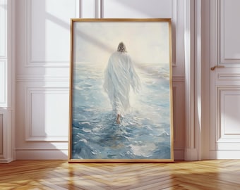 Jesus Christ Walking on Water, Christian Art, Digital Jesus Portrait, I Will Walk With Christ LDS, Jesus Oil Painting, Bible Verse Wall Art