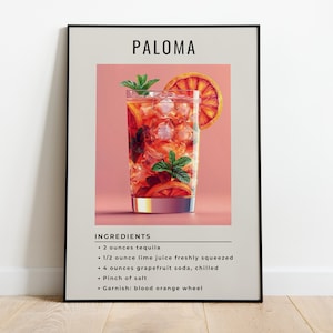 Paloma Cocktail Print | Classic Cocktail Wall Art | Minimalist Alcohol Prints | Bar Cart Decor | Digital Download PRINTABLE Bar Cart Art