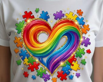 Diseño de camiseta con corazón arcoíris y piezas de rompecabezas para concienciar sobre el autismo (descarga digital).