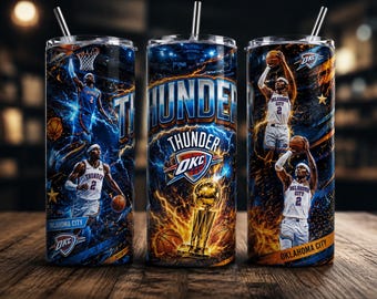 Vaso delgado Thunder de 20 oz PNG Wrap, diseño de vaso de baloncesto OKC, sublimación deportiva OKC, descarga digital, archivo PNG Thunder Up,