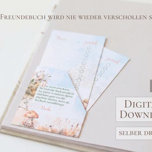 May include: A digital download of a journal with a whimsical design. The journal includes pages with check boxes and a pocket with a card featuring text in German. The text on the card says "Das Freundebuch wird nie wieder verschollen sein."