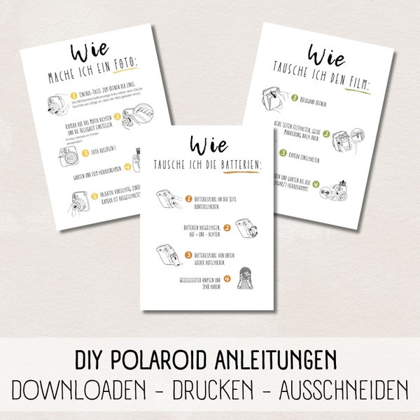 DIY Polaroid Instructions, Instax Mini 9 Instructions, Wedding Sunflowers, DIY Template, Download Wedding, Guestbook Instant Camera Vintage