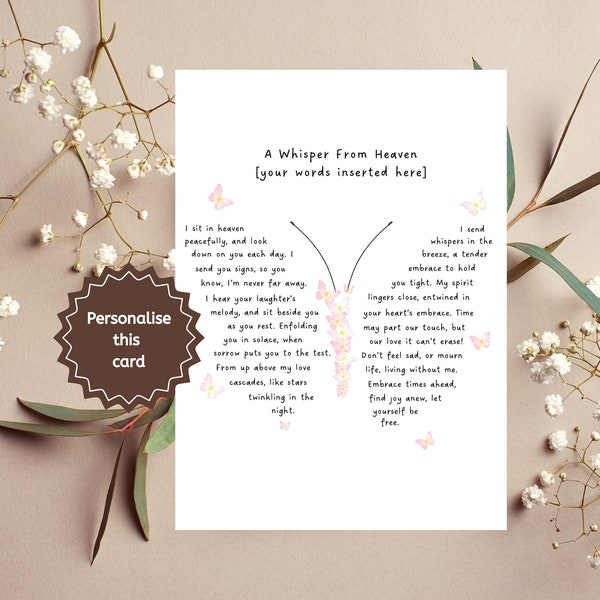 Personalised Whisper From Heaven Card - Butterfly Bereavement Card - With Sentimental Poem - Message From Heaven - Handmade - Blank Inside