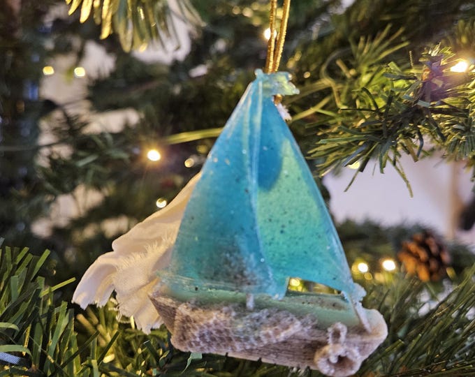 Sailboat Ornament, Crushed Oyster Shell and Glass