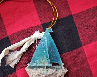 Sailboat Ornament, Crushed Oyster Shell and Glass