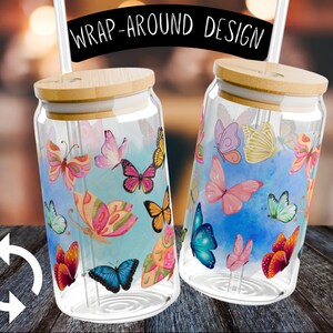 Butterfly Tumbler Cup Glass Cup with Bamboo Lid and Straw, Iced Latte Glass Cup, Reusable Glass Cup