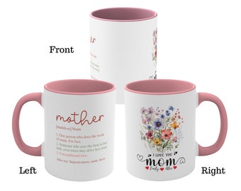 Mug floral coeur pour la fête des mères, Mug personnalisé maman, I LOVE YOU Mom, Cadeau maman d'un enfant, Cadeau maman, Mug floral botanique personnalisé