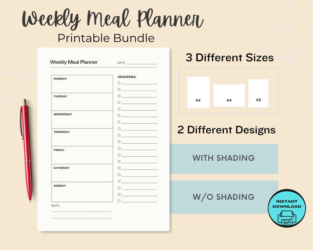 Weekly Meal Planner Printable | Meal Planner & Grocery List | A4 A5 PDF ...
