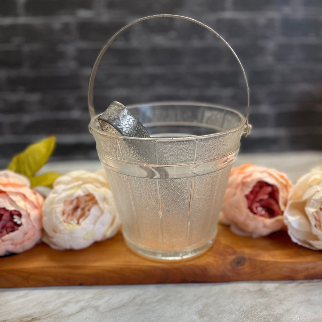 Vintage Glass Ice Bucket Whiskey Barrel With Ice Tongs Antique Ice