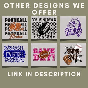 May include: A selection of square designs with American football and baseball themes. Designs include footballs, helmets, and the text "Football Mama," "Touchdown Season," "Twisters," and "Game Day!" The image also includes a bulldog graphic.