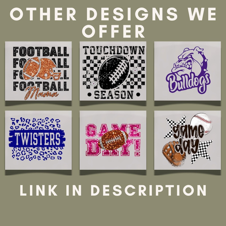 May include: A selection of square designs with American football and baseball themes. Designs include footballs, helmets, and the text "Football Mama," "Touchdown Season," "Twisters," and "Game Day!" The image also includes a bulldog graphic.