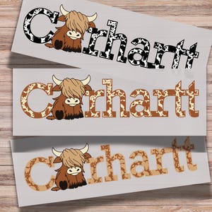 May include: Three decals with the word "Carhartt" and a cartoon Highland cow illustration. The word "Carhartt" is in various fonts and patterns, including a black and white cow print and a brown cow print. The Highland cow is brown and tan.