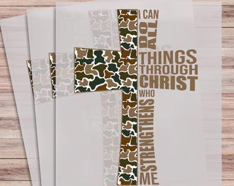 Camo Cross DTF Transfer All Things Through Christ Heat Print Ready to Press