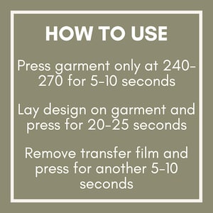 May include: A white-framed graphic on a muted green backdrop, detailing product usage. The text, "HOW TO USE", is followed by three steps for garment pressing, specifying temperature and time in seconds.