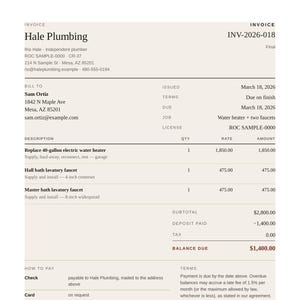 May include: A Hale Plumbing invoice document, INV-2026-018, dated March 18, 2026, billed to Sam Ortiz. It details services for a 40-gallon electric water heater replacement and two lavatory faucet installations, showing a balance due of $1,400.00.