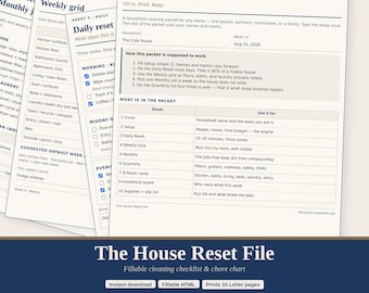 Archivo de reinicio del hogar: lista de tareas y cuadro de limpieza rellenable, descarga instantánea.