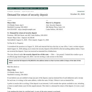 May include: A formal demand letter for the return of a security deposit dated October 20, 2026. The document is addressed from Maya Chen to Pine & Co. Property, requesting a refund of $1,650.00 for the premises located at 188 Oak Street, unit 4B.