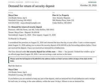 Security Deposit Return Letter Kit, Tenant Move Out Condition Report Demand, The Deposit File