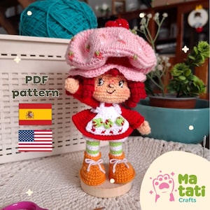 Patrón de crochet de muñeca de niña de fresa coleccionable (18 cm) con tutoriales de apoyo