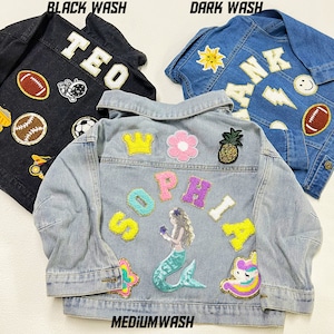 Kids Chenille Letter Patch Jean Jacket, Custom Girls Toddler Chenille Name Patch Denim Jacket, Personalized Boys Patch Jacket Gift image 2