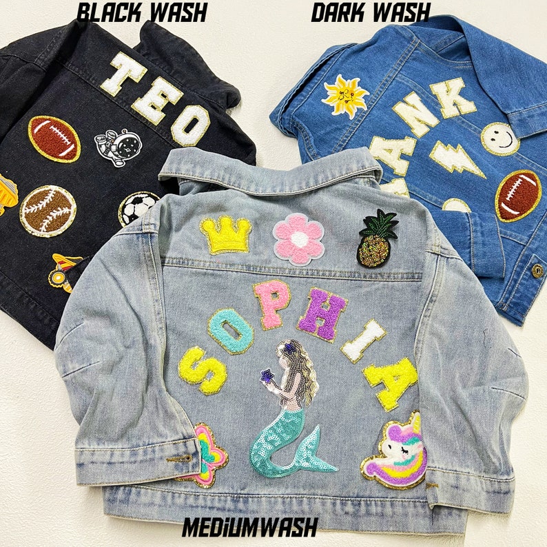 Kids Chenille Letter Patch Jean Jacket, Custom Girls Toddler Chenille Name Patch Denim Jacket, Personalized Boys Patch Jacket Gift image 2