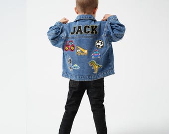 Veste en jean pour enfants avec patch lettre chenille, veste en jean personnalisée pour tout-petits filles en chenille avec nom avec patch, cadeau personnalisé de veste avec patch pour garçons