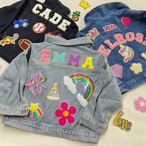 Chaqueta vaquera con parche de letras de chenilla para niños, chaqueta vaquera con parche de nombre de chenilla personalizada para niñas pequeñas, chaqueta con parche personalizado para niños, regalo