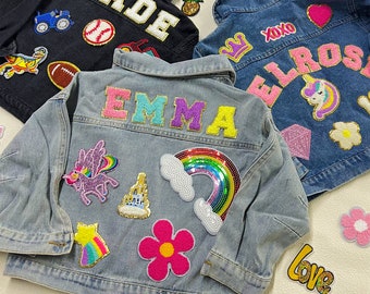 Kids Chenille Letter Patch Jean Jacket, Custom Girls Toddler Chenille Name Patch Denim Jacket, Personalized Boys Patch Jacket Gift