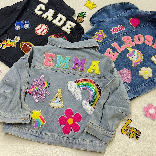 Veste en jean pour enfants avec patch lettre chenille, veste en jean personnalisée pour tout-petits filles en chenille avec nom avec patch, cadeau personnalisé de veste avec patch pour garçons