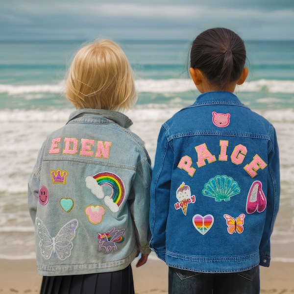 Personalized Kids Chenille Letter Patch Jean Jacket, Custom Girls Toddler Chenille Name Patch Denim Jacket, Boys Patch Jacket Gift