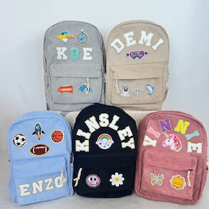 Sac à dos personnalisé en velours côtelé personnalisé, cartable avec patch alphabet chenille, cartable avec prénom personnalisé, cadeaux pour enfants et tout-petits