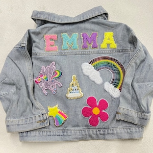 Kids Chenille Letter Patch Jean Jacket, Custom Girls Toddler Chenille Name Patch Denim Jacket, Personalized Boys Patch Jacket Gift image 3