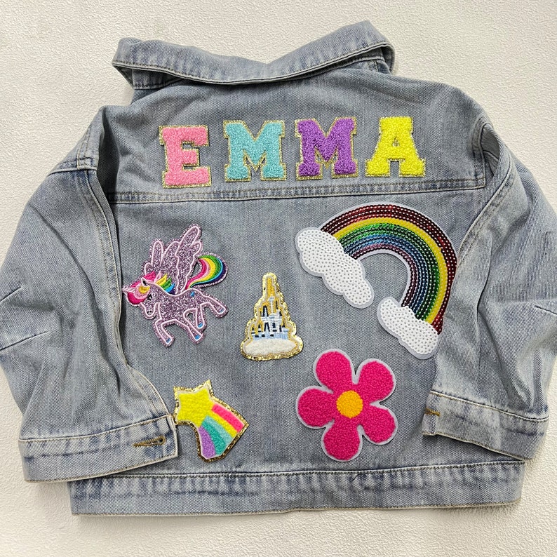 Kids Chenille Letter Patch Jean Jacket, Custom Girls Toddler Chenille Name Patch Denim Jacket, Personalized Boys Patch Jacket Gift image 3