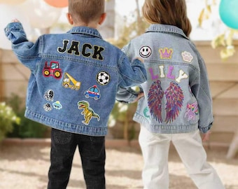 Veste en jean pour enfants avec patch lettre chenille, veste en jean personnalisée pour tout-petits filles en chenille avec nom avec patch, cadeau personnalisé de veste avec patch pour garçons