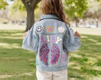 Veste en jean pour enfants avec patch lettre chenille, veste en jean personnalisée pour tout-petits filles en chenille avec nom avec patch, cadeau personnalisé de veste avec patch pour garçons
