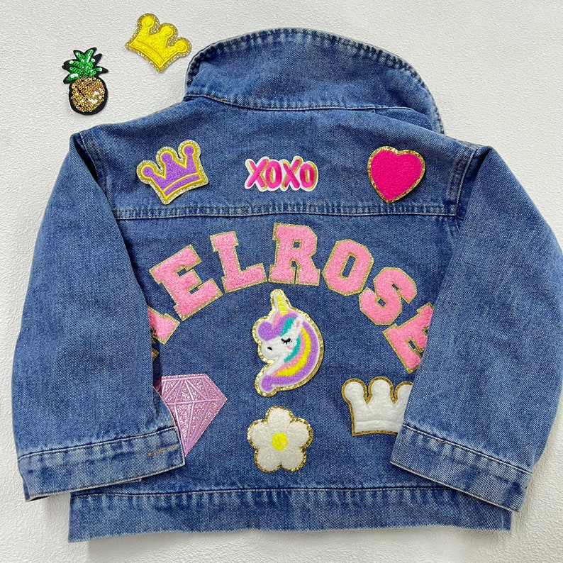 Kids Chenille Letter Patch Jean Jacket, Custom Girls Toddler Chenille Name Patch Denim Jacket, Personalized Boys Patch Jacket Gift image 4