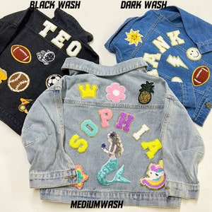 Chaqueta vaquera personalizada con parche de letras de chenilla para niños, chaqueta vaquera personalizada con parche de nombre de chenilla para niñas pequeñas, regalo de chaqueta con parche para niños