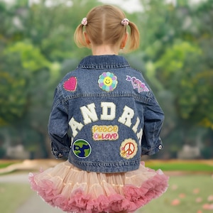 Chaqueta vaquera con parche de letras de chenilla para niños, chaqueta vaquera con parche de nombre de chenilla personalizada para niñas pequeñas, chaqueta con parche personalizado para niños, regalo