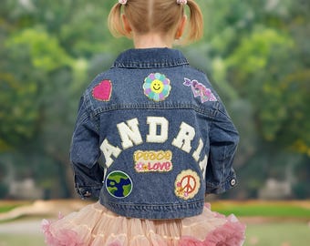 Veste en jean pour enfants avec patch lettre chenille, veste en jean personnalisée pour tout-petits filles en chenille avec nom avec patch, cadeau personnalisé de veste avec patch pour garçons