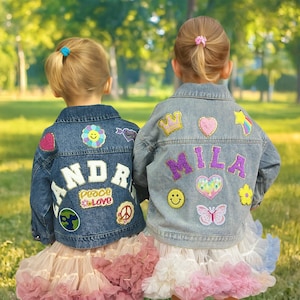Chaqueta vaquera con parche de letras de chenilla para niños, chaqueta vaquera con parche de nombre de chenilla personalizada para niñas pequeñas, chaqueta con parche personalizado para niños, regalo