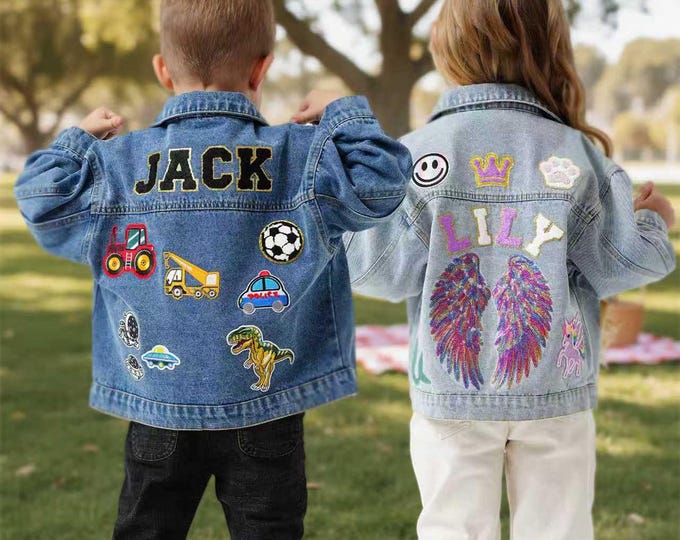 Kids Chenille Letter Patch Jean Jacket, Custom Girls Toddler Chenille Name Patch Denim Jacket, Personalized Boys Patch Jacket Gift