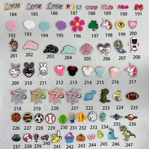 May include: A collection of 47 iron-on patches featuring various designs, including animals, hearts, words, and sports equipment. The patches are arranged in rows and numbered from 184 to 247.