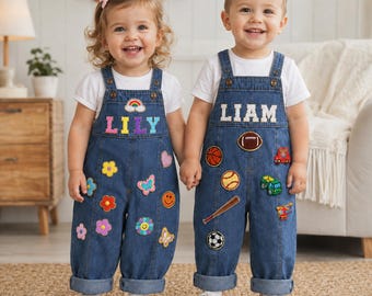 Personalisierte Baby Name Denim Outfit, Benutzerdefinierte Chenille Buchstabe Patch Baby Denim Strampler, Baby Denim Overall mit Namen, Geschenk für Mädchen & Jungen
